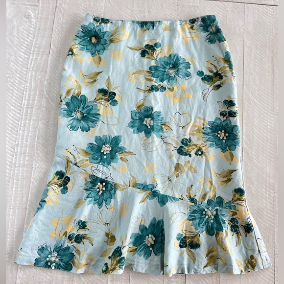 Y2K Fairycore Floral sequin Linen Blend Flared Bottom Midi/Maxi Skirt Sz 12 Teal - Picture 1 of 7